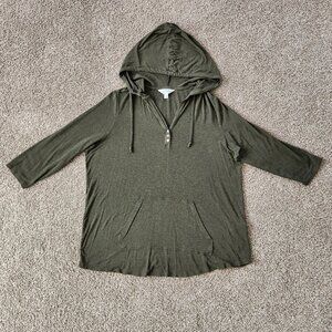 Market & Spruce Olive Green Salvatrice Hooded Henley Lightweight Sweatshirt Top